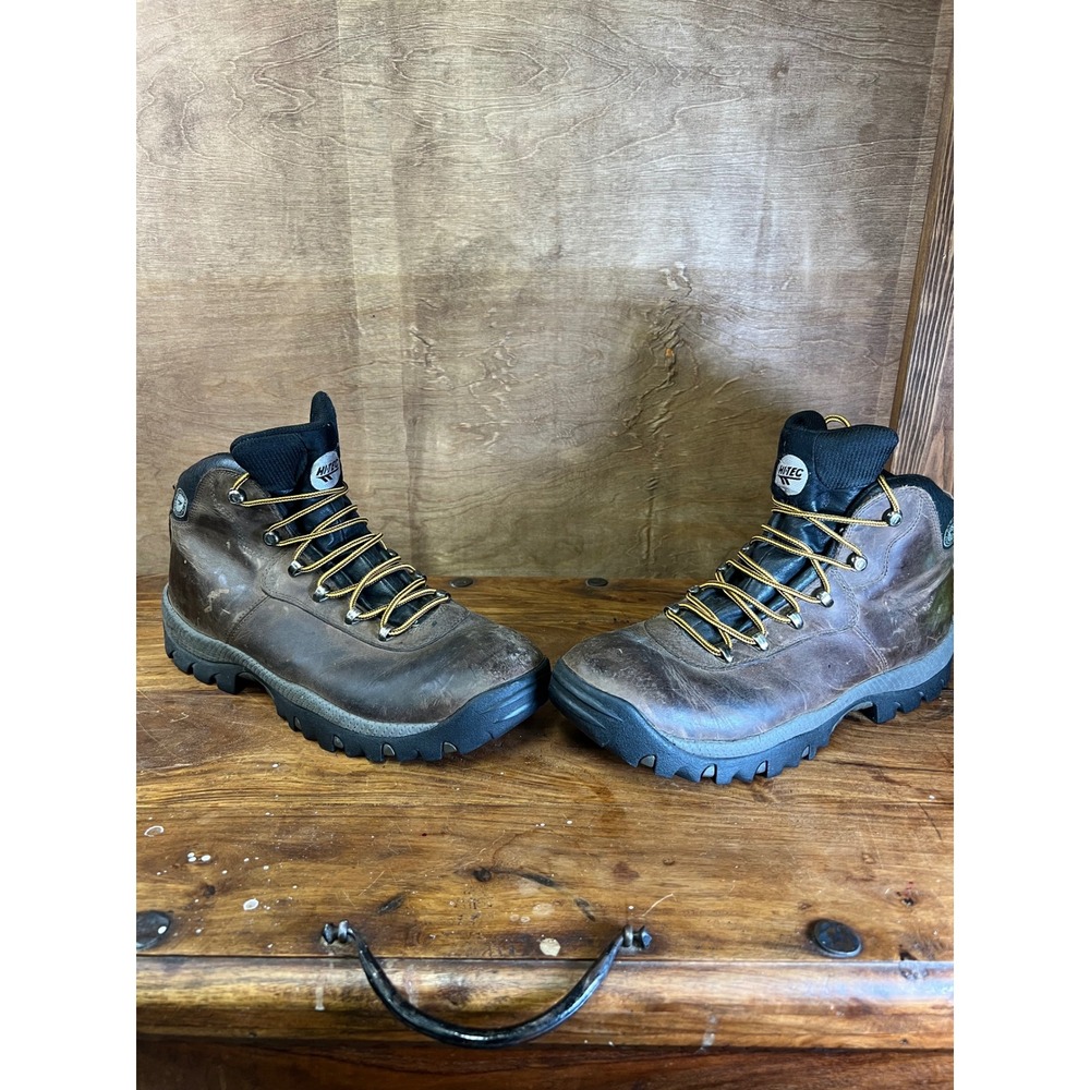 Hi-Tec Mens Brown Leather Hiking Boots Mid Top Lace Up Rugged Trail Shoes